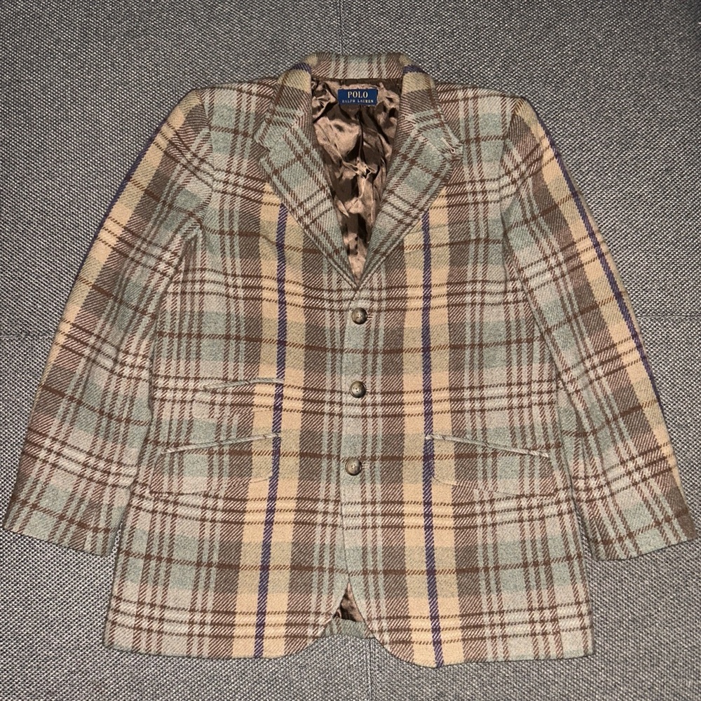Polo Ralph Lauren Wool Blend Brown Plaid Peacoat Blazer Large